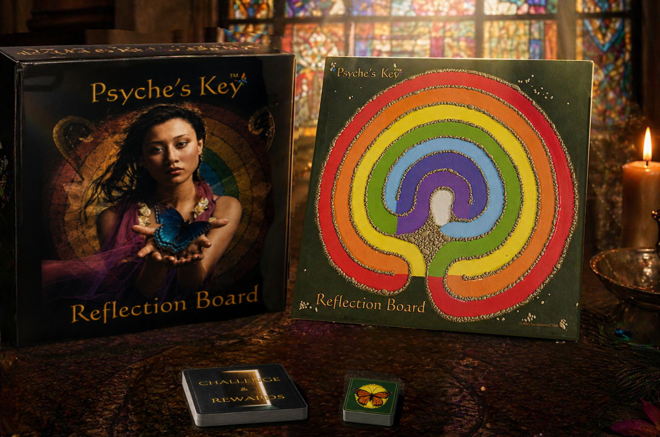Psyche's Key Reflection Board displayed with candles and sacred objects