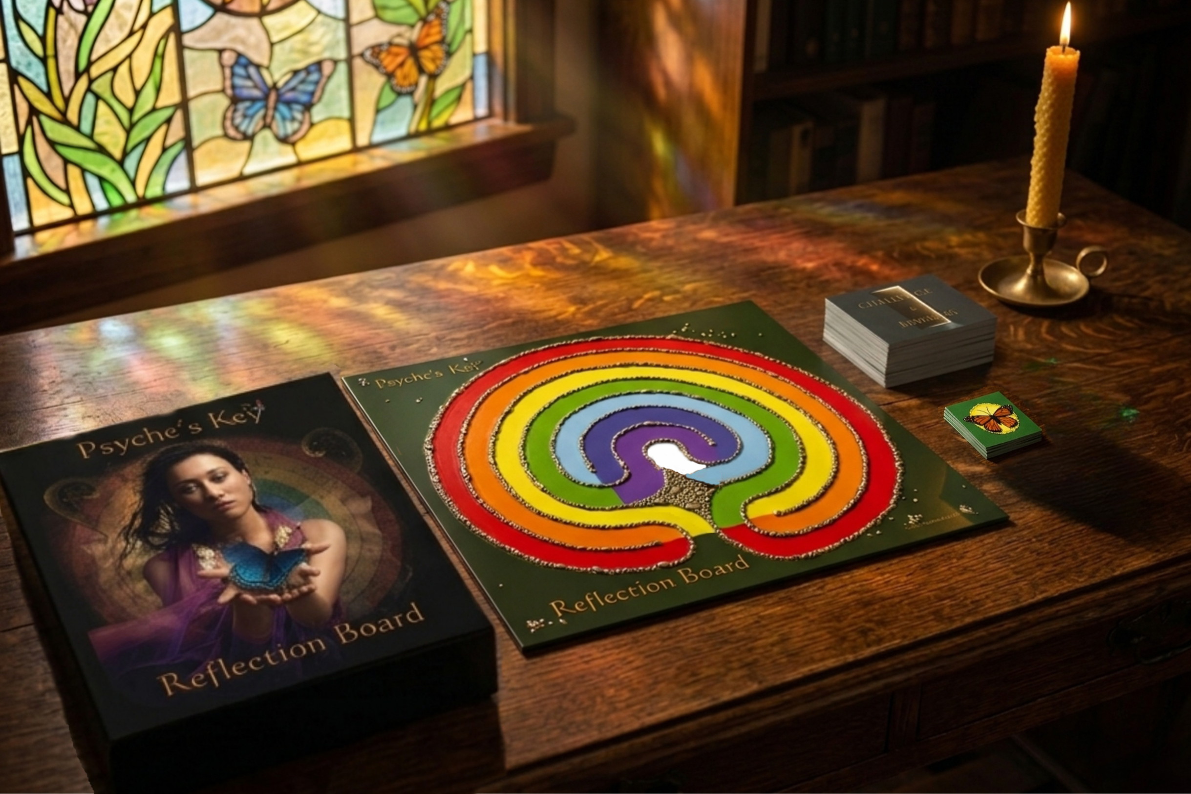 Psyche's Key Reflection Board on a candlelit table before a stained glass window